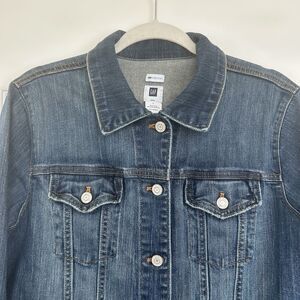 Y2K Gap Jean Jacket Womens Size Large Blue Trucker Stretch Denim Distressed Vtg